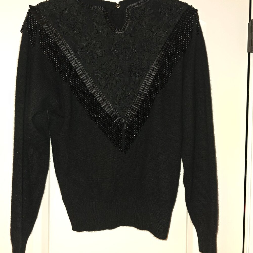 Diane Freis Knits Black Beaded Fringed Embroidered Black Angora & Wool Cutout L - Picture 3 of 17